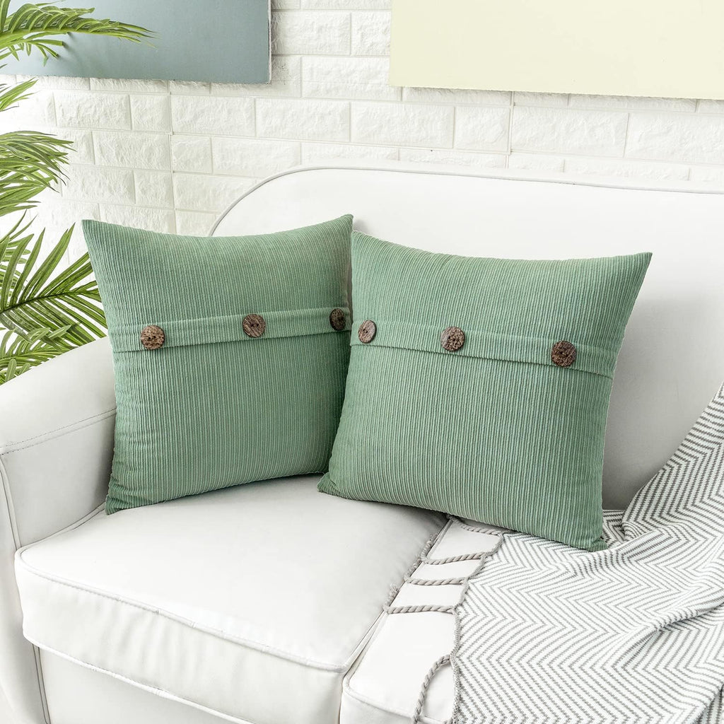 HWY 50 Sage Green Chenille Throw Pillow Covers 16x16 Inch with Triple Buttons, Soft Spring Farmhouse Accent Decorative Cushion Cases for Couch Sofa Bed Bedroom Pack of 2