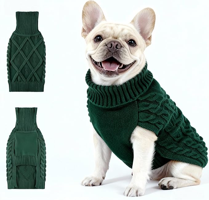 Medium/Large Dog Sweater, Warm Comfy Stretch Dog Winter Coat w/Sleeves & High Neck, Premium Dog Clothes for Bulldog-Best for Holidays, Daily Walks L Green