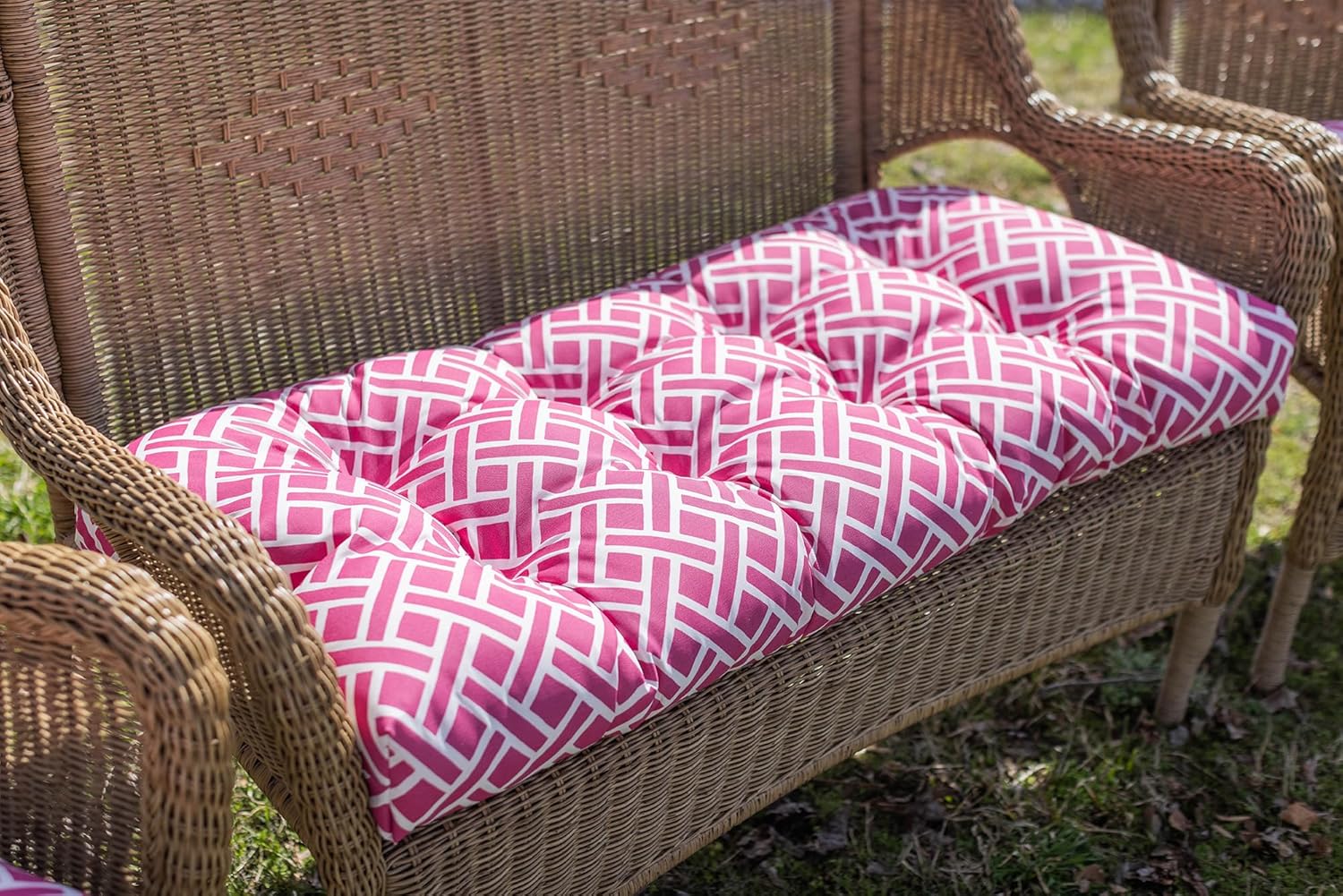 RSH DECOR: Tufted Wicker Loveseat Cushion | 41” x 19" | All-Weather Spun Fabric | Water and Fade-Resistant | Outdoor Settee Cushion for Patio Furniture | Midnight Melody Pink
