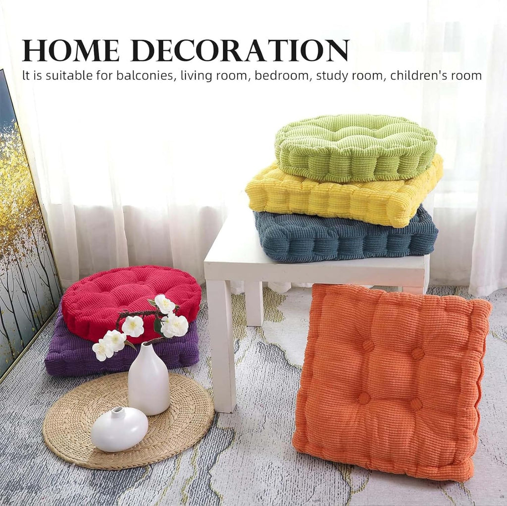 Meditation Floor Pillow Set of 2 Large Square and Round Floor Cushions for Adults Ivory Corduroy Floor Seat Pillows Cushion for Living Room Balcony Tatami Yoga,18x18 Inch