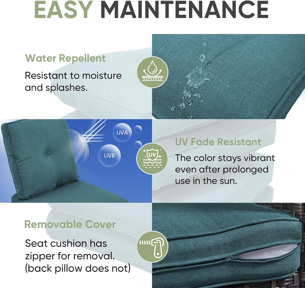 Outdoor Chair Cushion Set, 25 x 22 Deep Seat Cushion, Patio Chair Cushions for Outdoor, Include 1 Seat Cushion and 1 Back Cushion, Peacock Green