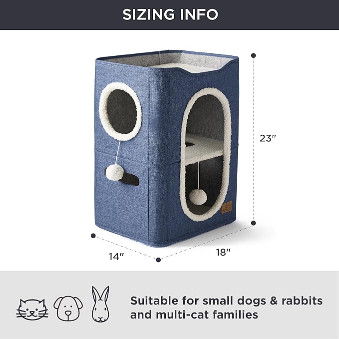 Bedsure 2 Story Cat House - Cat Condos for Indoor Cats with Scratch Pad and Fluffy Ball Hanging, Small Pet Cave Furniture Hideaway for Multi Pets, 18x14x23 inches, Blue