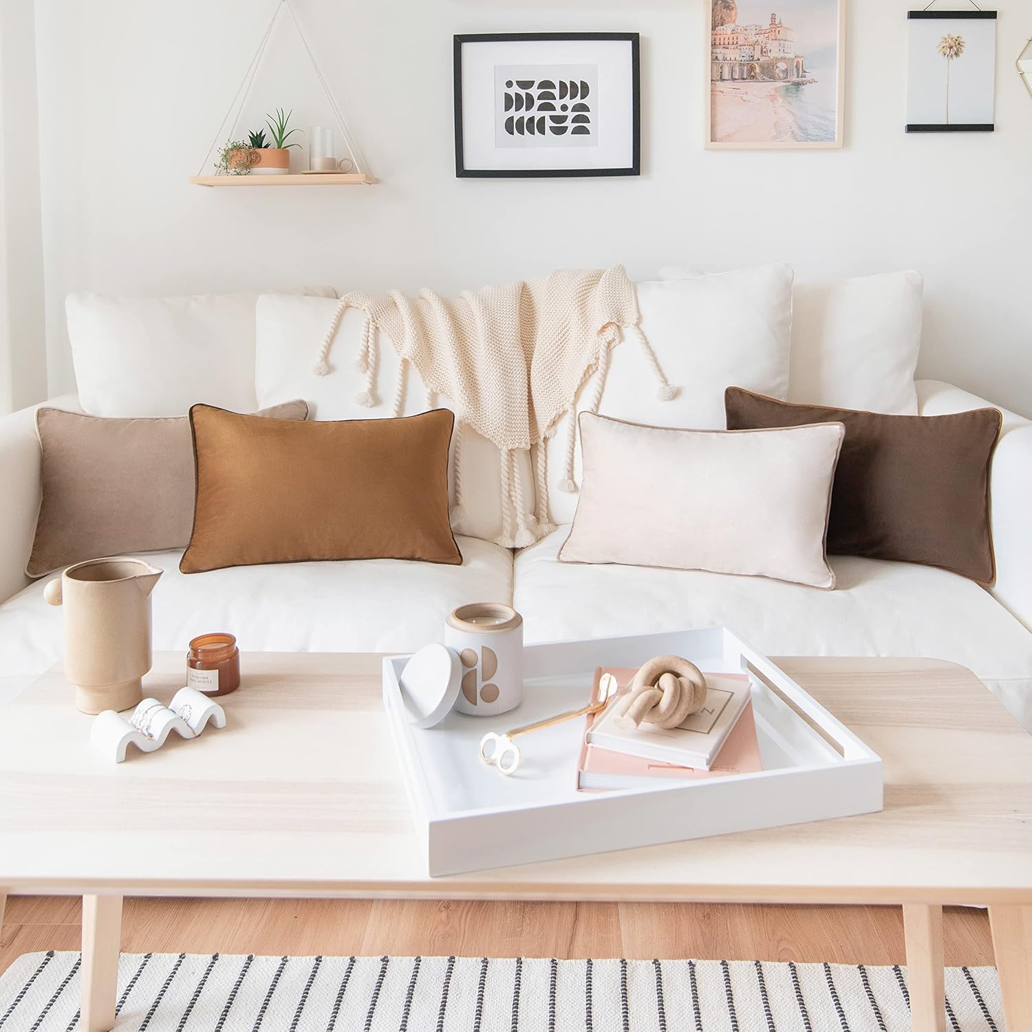 MONDAY MOOSE Decorative Throw Pillow Covers Cushion Cases, Set of 4 Soft Velvet Modern Double-Sided Designs, Mix and Match for Home Decor, Pillow Inserts Not Included (12x20 inch, Brown/Beige)