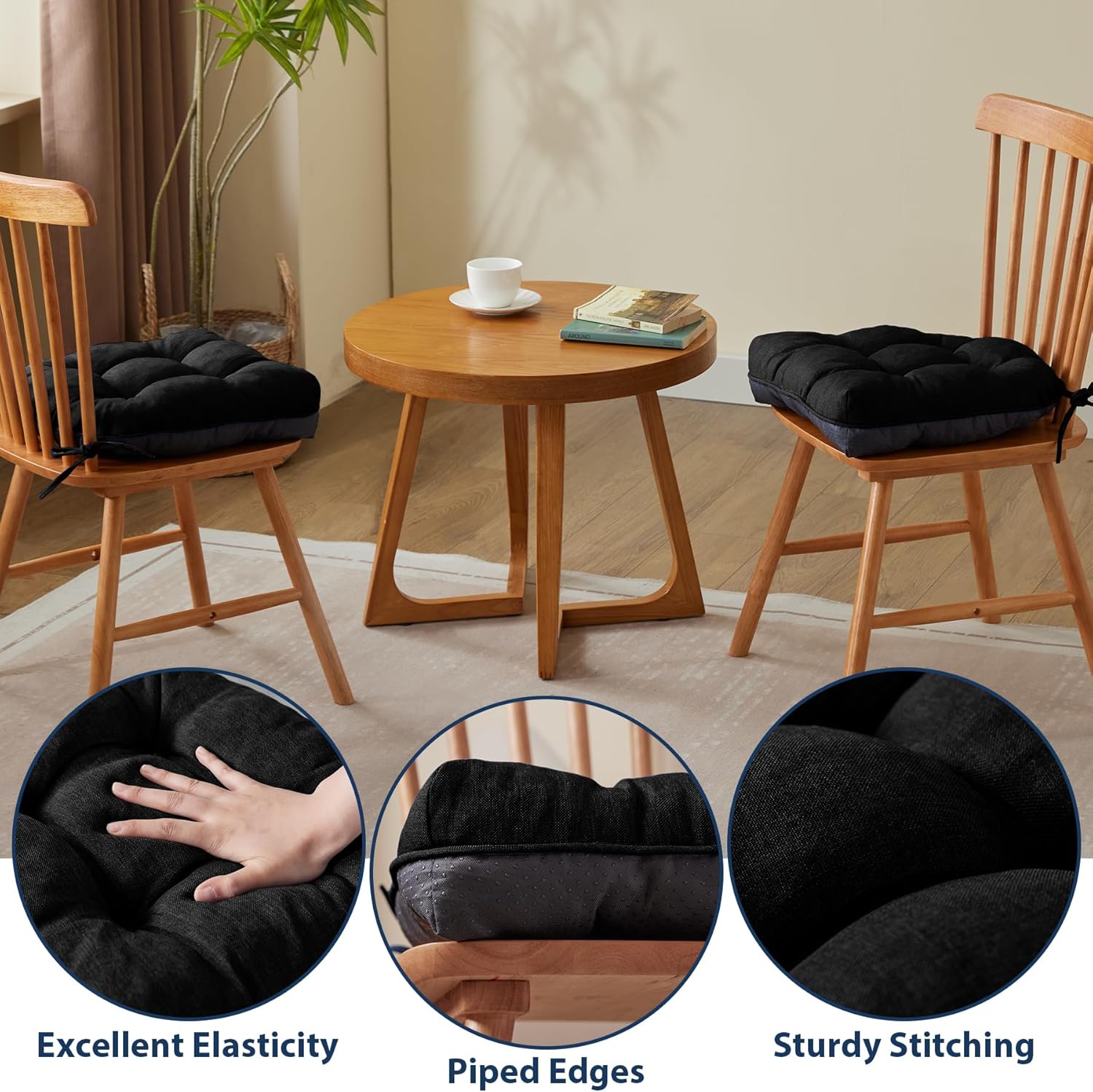 Chair Cushions for Dining Chairs, Seat Cushions for Kitchen Chairs, Indoor Seat Cushions with Ties, Tufted Foam Chair Pads, Non Slip Chair Cushions Set of 4, 15.5" x 15.5" x 4", Black