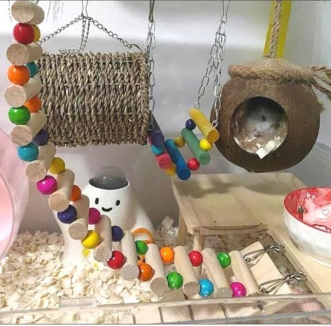 Hamiledyi Hamster Hanging Hammock Basket 3 Piece Wooden Rat Ladder Swing Set Cage Clmbing Toys for Syrian Hamster Sugar Glider Bird Mice Playing Sleeping
