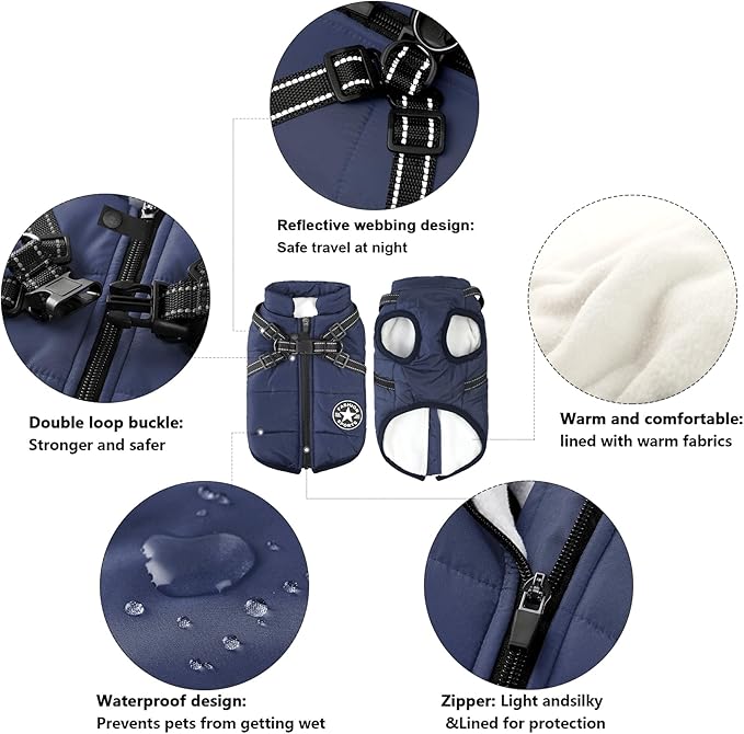 Aiboria Dog Jackets for Winter Windproof Waterproof 2 in 1 Outfit Cold Weather Coat Dog Vest Harness Puppy Winter Warm Jacket Small Blue S