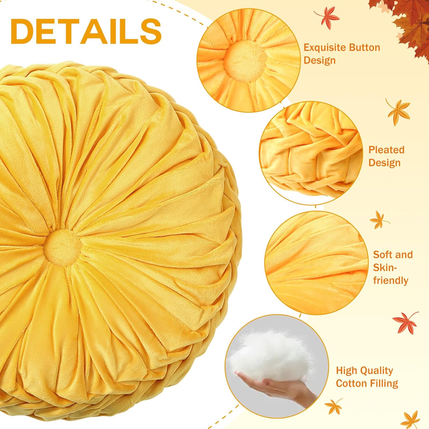 2 Pcs Round Throw Pillows 15 Inch Decorative Velvet Pleated Pumpkin Floor Boho Pillows for Living Room Couch Chair Bed Sofa (Yellow)