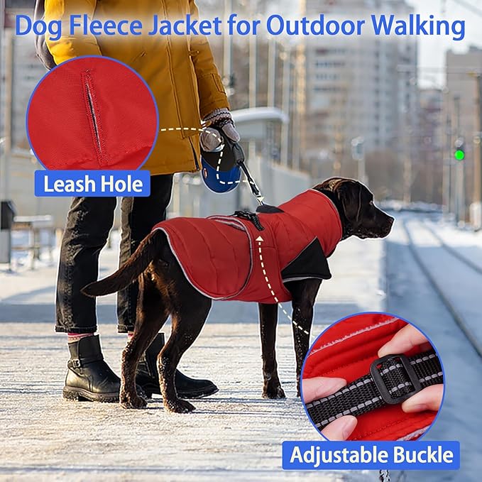 MIGOHI Thermal Large Dog Fleece Jacket - Rainproof Coat for Large Dogs, Thick Dog Winter Coat,Snow Jacket for Dogs Windproof for Hunting Camping,Windy Chilly Days,Doberman,Great Dane,3XL,RedBlack