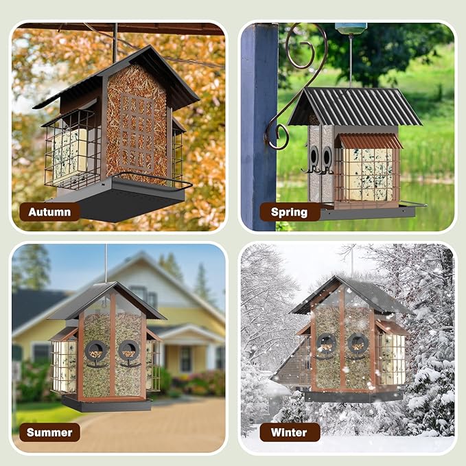 Bird Feeders for Outdoors, Metal Bird Feeder with Double Suet Cage Weatherproof Metal Roof, 2 in 1 Mixed Seeds Suet Feeder, 4Lbs Large Capacity, Great for Finch、Cardinal、Chickadee（Brown）