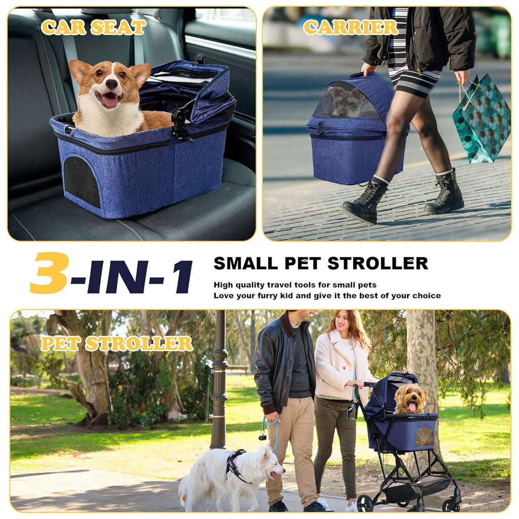 3 in 1 Dog Stroller, Lightweight Foldable Pet Strollers, 4 Wheels Dog Cat Stroller with Removable Travel Carrier, No-Zip Canopy, Cup Holder, Large Storage Basket for Small/Medium Pet - Blue