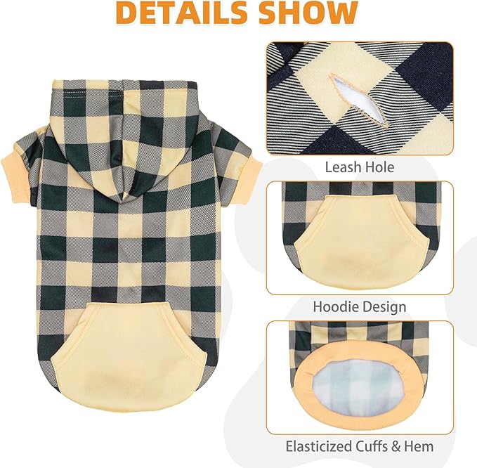 KOOLTAIL Plaid Dog Hoodie Pet Clothes Sweater with Hat and Pocket for Small Medium Large Size Dogs, Soft Winter Warm Dog Cold Weather Coat, Fleece Fall Dog Hooded Sweatshirt for Puppy Cats, Beige L