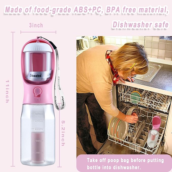 Dog Water Bottle with Food Container & Poop Bag Holder, Travel Water Bowl, Portable Pet Dispenser, Dog Gifts Stuff Accessories Items, Puppy Essentials for Yorkie Chihuahua Walking Hiking