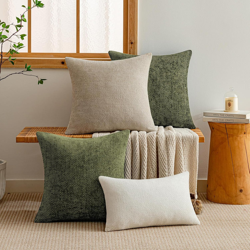 a moment Olive Green Chenille Throw Pillow Covers 16x16 Inch Pack of 2 Modern Decorative Throw Pillow Covers Farmhouse Cross Covers Home Decor for Sofa Bedroom Living Room