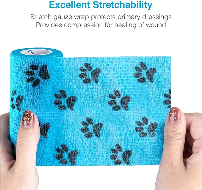 WePet Pet Wrap, Self-Adhesive, Only Sticks to Itself, Non-Woven Tape for Dog Legs, Paws, Wounds, First Aid Cohesive Gauze for Horse, Cat, Bird, Animal, 6 Rolls, 4 Inch, Pawprints A