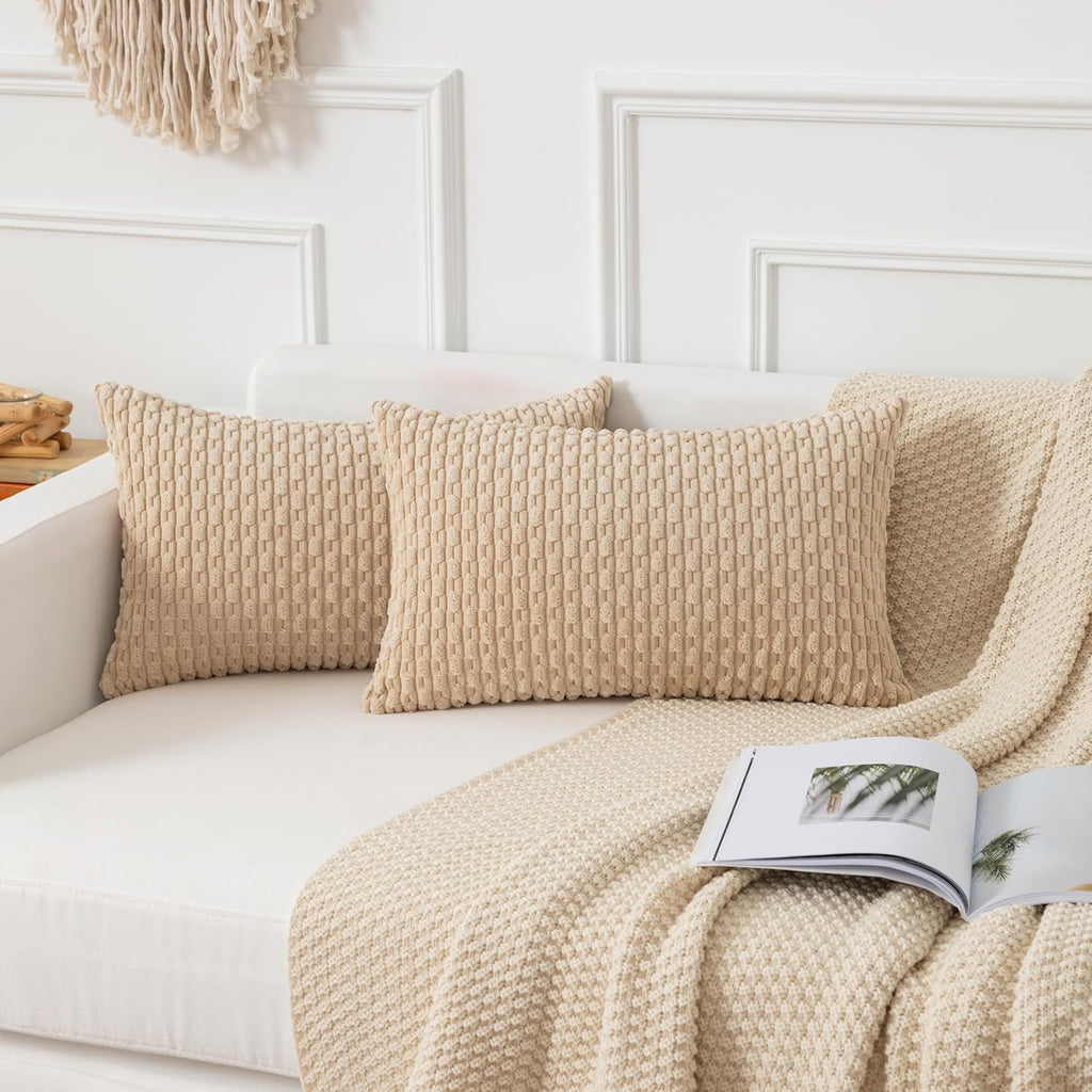 Kevin Textile 12x24 Inch Pillow Cover 1 Pack Boho Decorative Soft Striped Corduroy Lumbar Farmhouse Solid Color Accent Rectangle Cushion Case for Living Room Couch Sofa Bed, Beige