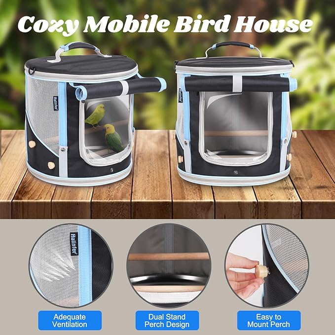 halinfer Small to Medium Bird Travel Carrier Cage, Portable Parrot Parakeet Cockatile Conure Transport Cage with Clear Window and Fabric Shade, Round Carry Bird Bag