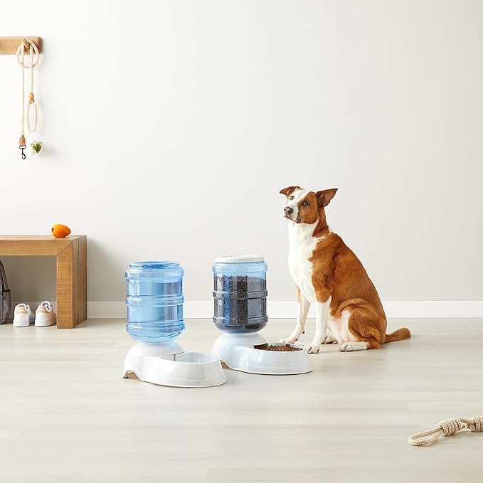 Amazon Basics Automatic Dog Cat Water Dispenser Gravity Feeder and Waterer Set, Large, 12-Pound Food Capacity, 2.5-Gallon, Gray
