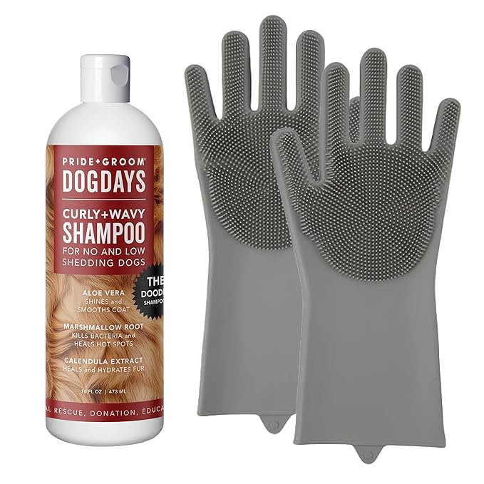 Pride and Groom DogDays Curly + Wavy The Scrub Kit - Natural Dog Shampoo with Silicone Scrubber Gloves for Low or No-Shedding Breeds with Coat Massage, Clean Ingredients, and Gentle Pet Grooming Care