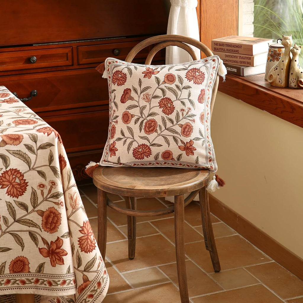 ISAENNE Design Linen Square Vintage Throw Pillow Covers 18"x18", Brick Red Cushion Covers with Orange Floral Green Leaves Pattern Decoration Pillowcases for Bed,Living Room,Outdoor,Car