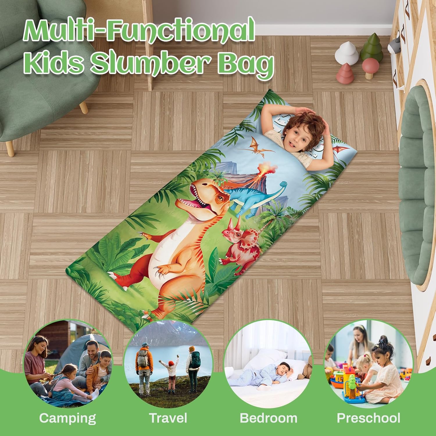 Toddler Nap Mat Kids Sleeping Bag 59‘’×24‘’, Soft Slumber Bag with Removable Pillow for Kids Girls Boys,Roll Up Sleeping Mat Lightweight for Camping,Daycare, Kindergarden