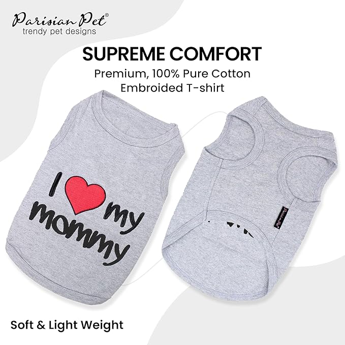 Parisian Pet Unisex Dog T-Shirt with Embroidered 'I Love My Mommy' Words - 100% Cotton, I Love My Mom Shirt - Sleeveless Pet Vest - Grey Dog Shirts for Large Dogs, XL