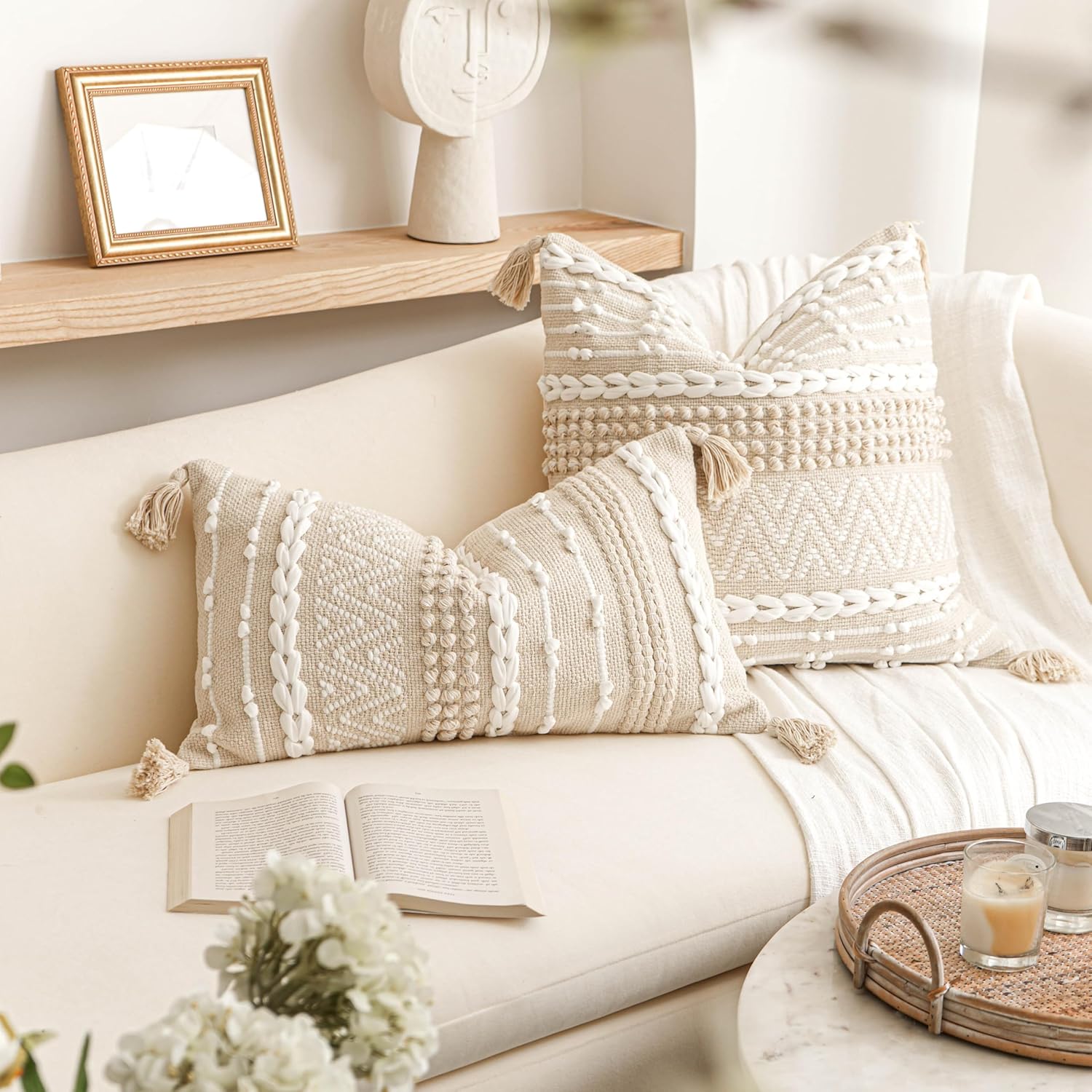 BlissBlush Decorative Lumbar Pillow Cover 14x24, Cream White Boho Accent Throw Pillow Case for Couch Sofa Bed, Modern Farmhouse Textured Lumbar Cushion Bedroom Living Room, Cover ONLY