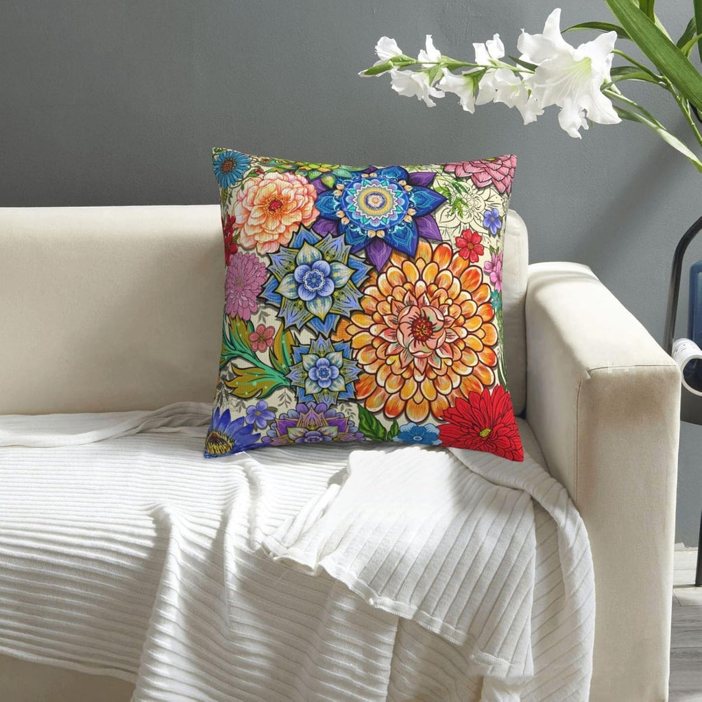 Boho Floral Throw Pillow Covers 18x18 Inch, Colorful Boho Flowers Throw Pillow Cases Set of 2, Decorative Cushions Pillowcase for Couch Office Car Sofa Living Room Bedroom Farmhouse Home Decor