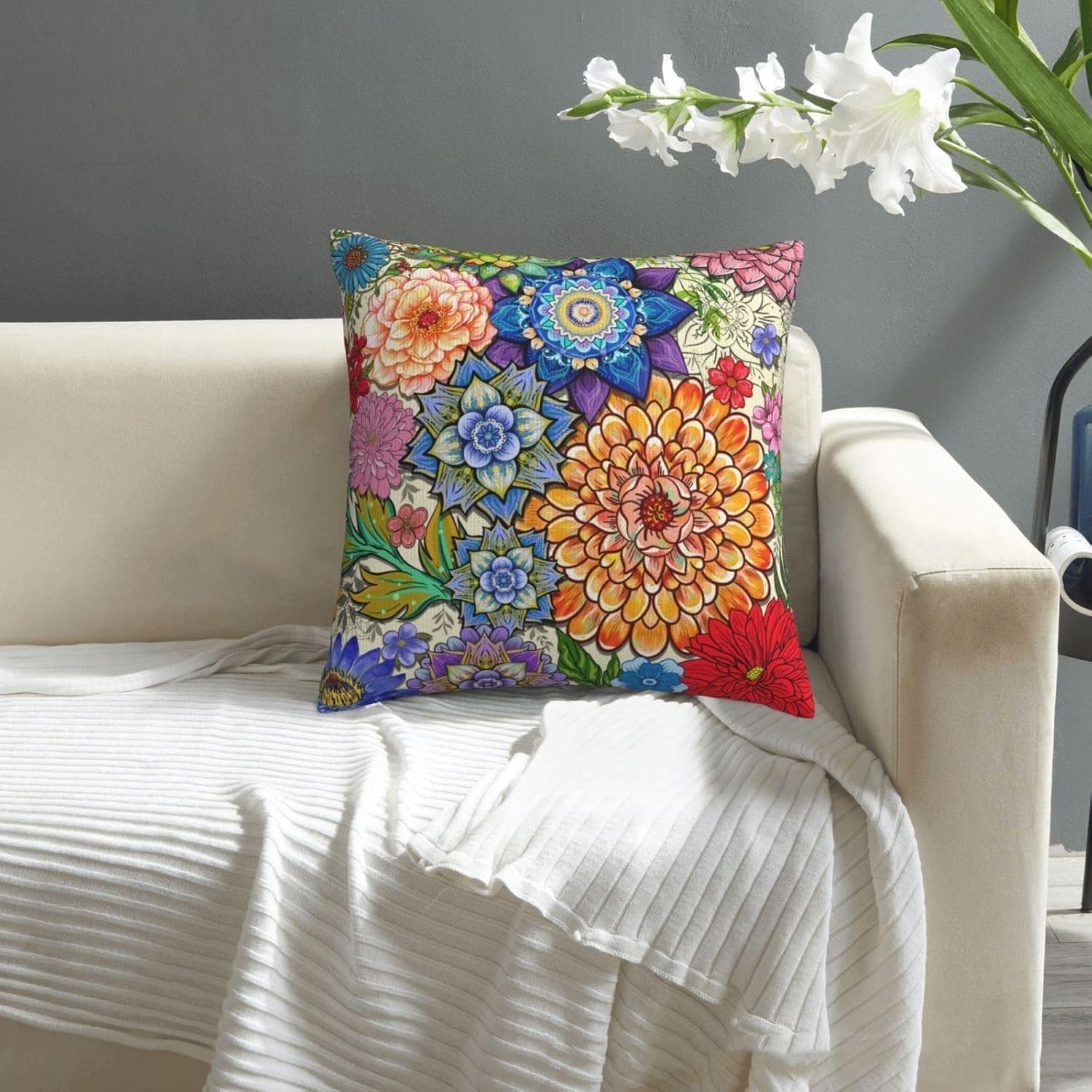 Boho Floral Throw Pillow Covers 18x18 Inch, Colorful Boho Flowers Throw Pillow Cases Set of 2, Decorative Cushions Pillowcase for Couch Office Car Sofa Living Room Bedroom Farmhouse Home Decor