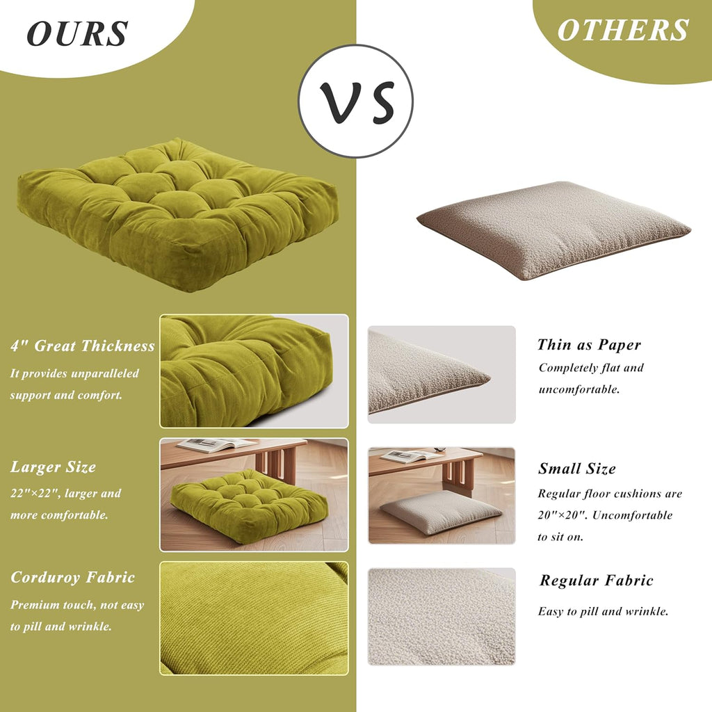 Meditation Floor Pillow 22×22 Inch 2 Pack Large Floor Cushions for Adults Square Tufted Corduroy Floor Pillows for Yoga Living Tatami Room Green