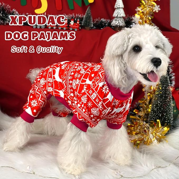 Xpudac 4 Pack Christmas Dog Pajamas Santa Pet Clothes Cute Reindeer Snowman Dog Pajamas for Small Medium Dogs(X-Large) 81-hongbai-XL