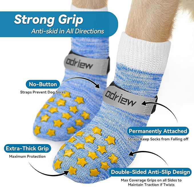 6 Pcs Dog Socks to Prevent Licking Paws, Dog Booties for Hardwood Floors Anti Slip, Socks for Dogs with Grippers to Prevent Scratching, Puppy Small Large Indoor Dogs Grip Socks. (Blue, M)