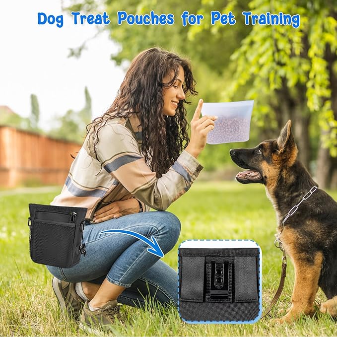 Dog Treat Pouch with 2 Cup Silicone Bag, Dog Treat Pouches for Pet Training with Clicker, Adjustable Belt, Shoulder Strap, Poop bags roll, 3 ways wear, for outdoor walks, training, and travel