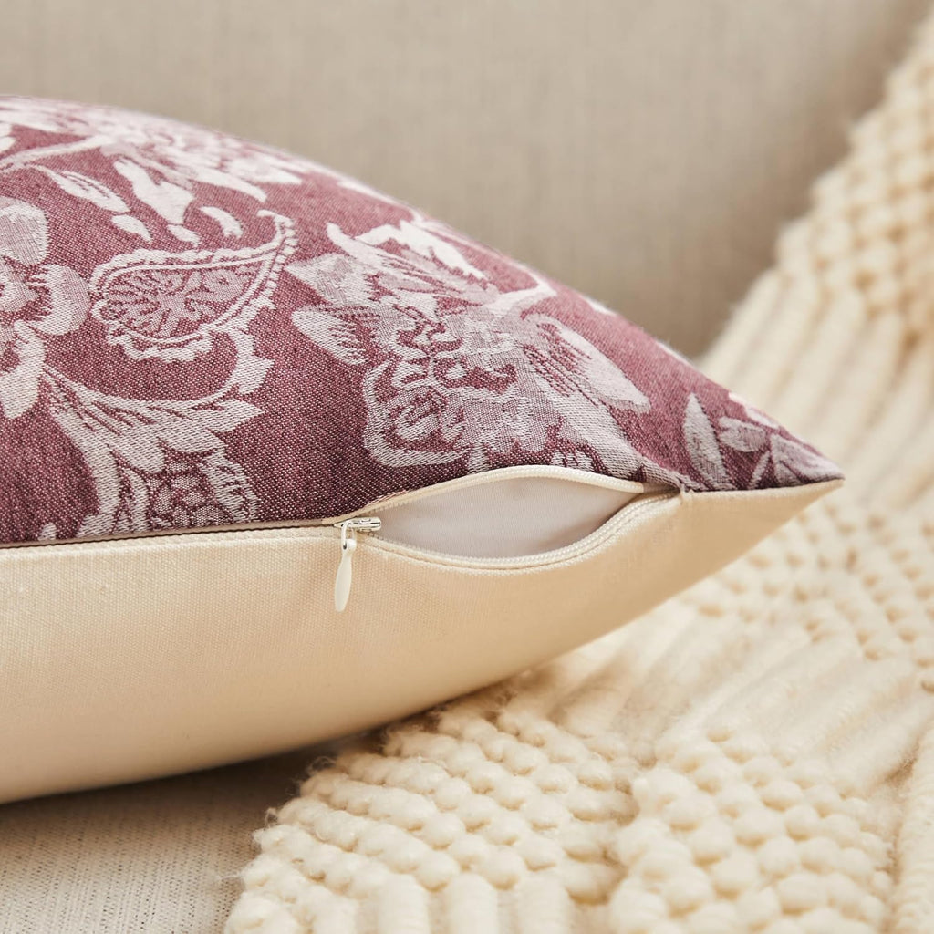 Floral Jacquard Throw Pillow Covers Set of 2, Background/Burgundy 18x18 Inch, Farmhouse Decorative Cotton Burgundy Cushion Covers for Sofa Bed Living Room Home Decor
