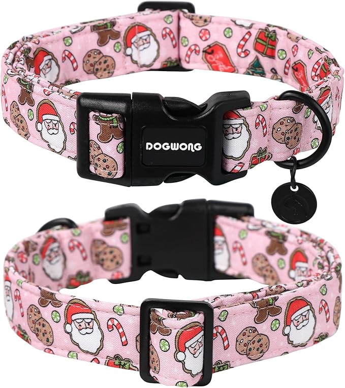 DOGWONG Christmas Cotton Dog Collar, Pink Santa Claus Dog Collar Durable Holiday Pet Dog Collars Cute Puppy Necklace for Small Dogs