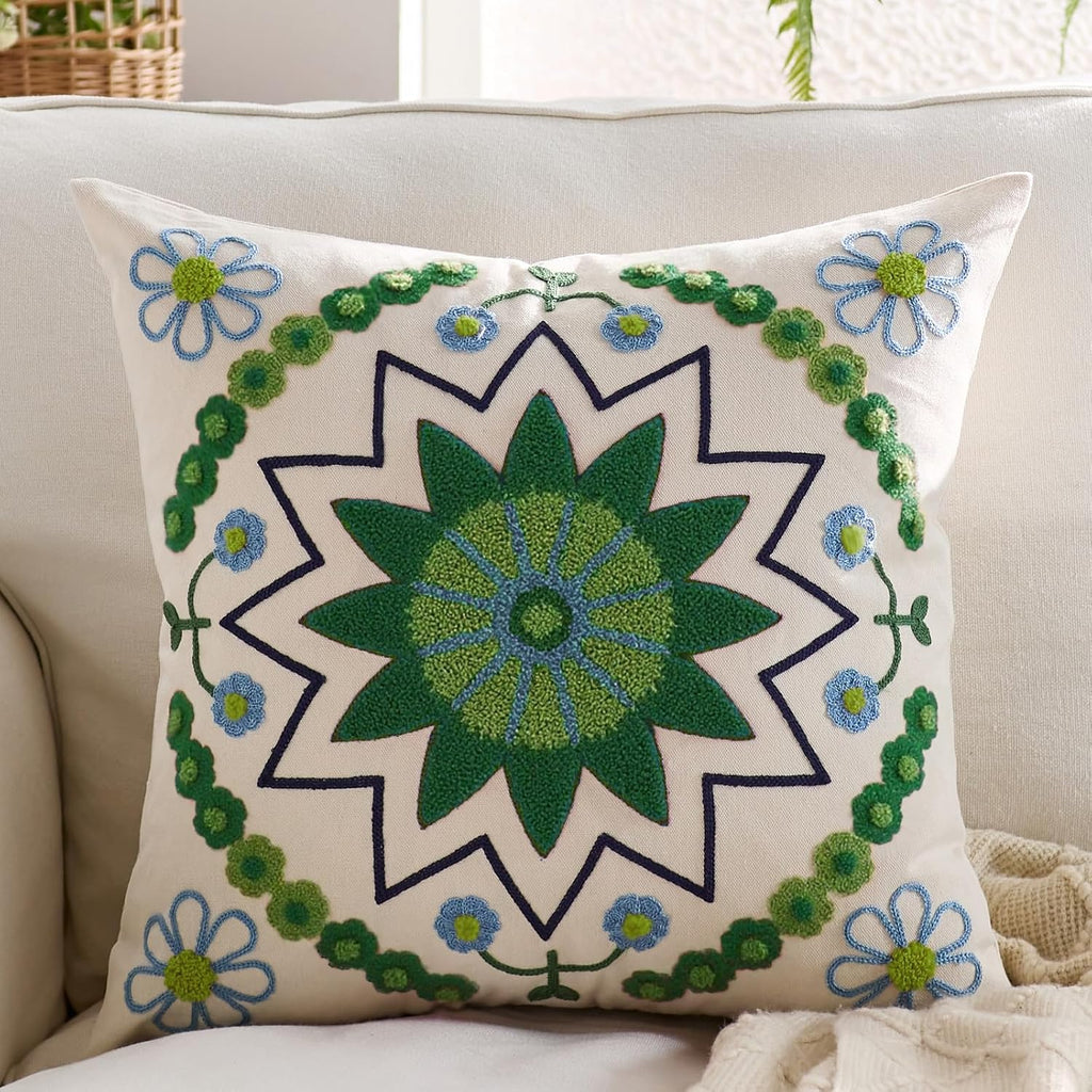 Embroidered Throw Pillow Cover 22x22 Classic Boho Floral Pattern Pillows Cover Outdoor Decorative Pillowcase,Durable Cozy Textured Cushion Case for Sofa Couch Bed Living Room,Green