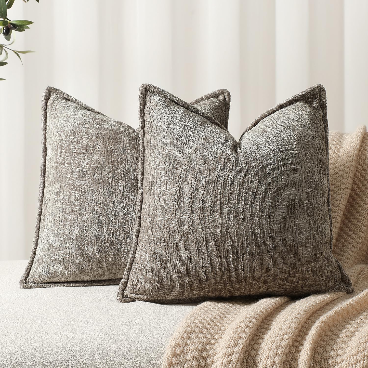 Pack of 2 Grey Decorative Throw Pillow Covers 22x22 Cozy Soft Chenille Accent Vintage Square Couch Pillow Covers for Home Decor Bed Sofa Living Room