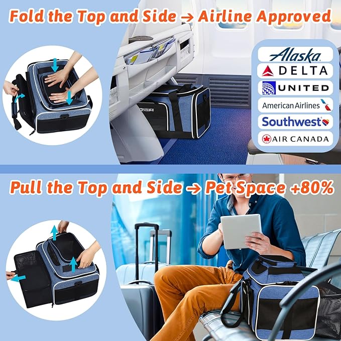 Petskd Top and Side Expandable Pet Carrier 17x11x9.5 Inches Alaska Airline Approved, Soft-Sided Carrier for Small Cats and Dogs with Locking Safety Zippers and Anti-Scratch Mesh(Blue)