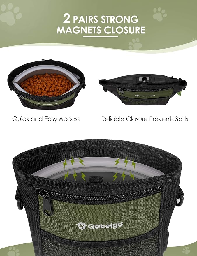 Gobeigo Dog Treat Pouch with Silicone Snack Bag, Front Pocket fits All Phones, 4 Cup Treat Bag with Training Clicker, Upgrade Stronger Magnetic Closure, 3 Ways to Wear Walking Fanny Pack (Army Green)