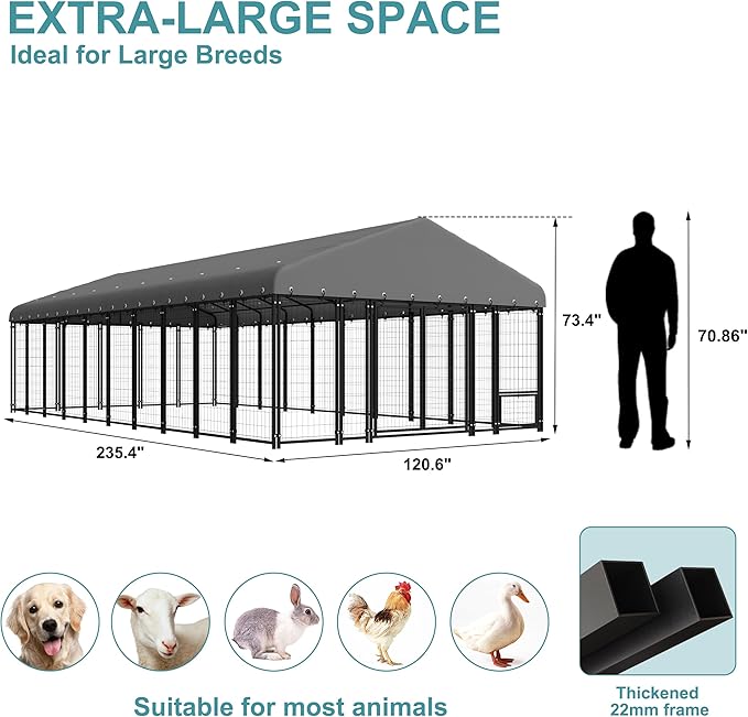 10 x 20 FT Large Outdoor Dog Kennel with Double Swing Doors, Heavy-Duty Dog Cage with Feeding Panel, Weatherproof Roof, Secure Fence Playpen for Large Dogs, Easy Assembly