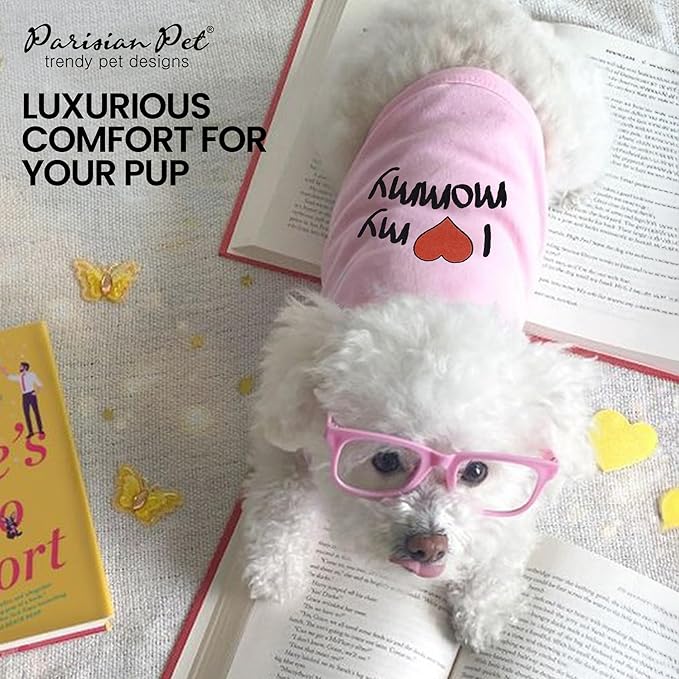 Parisian Pet Dog T-Shirt with Embroidered 'I Love My Mommy' Words - 100% Cotton, Pink Dog Clothes - Sleeveless Pet Vest - Machine Washable Shirt for Large Dogs, 2XL