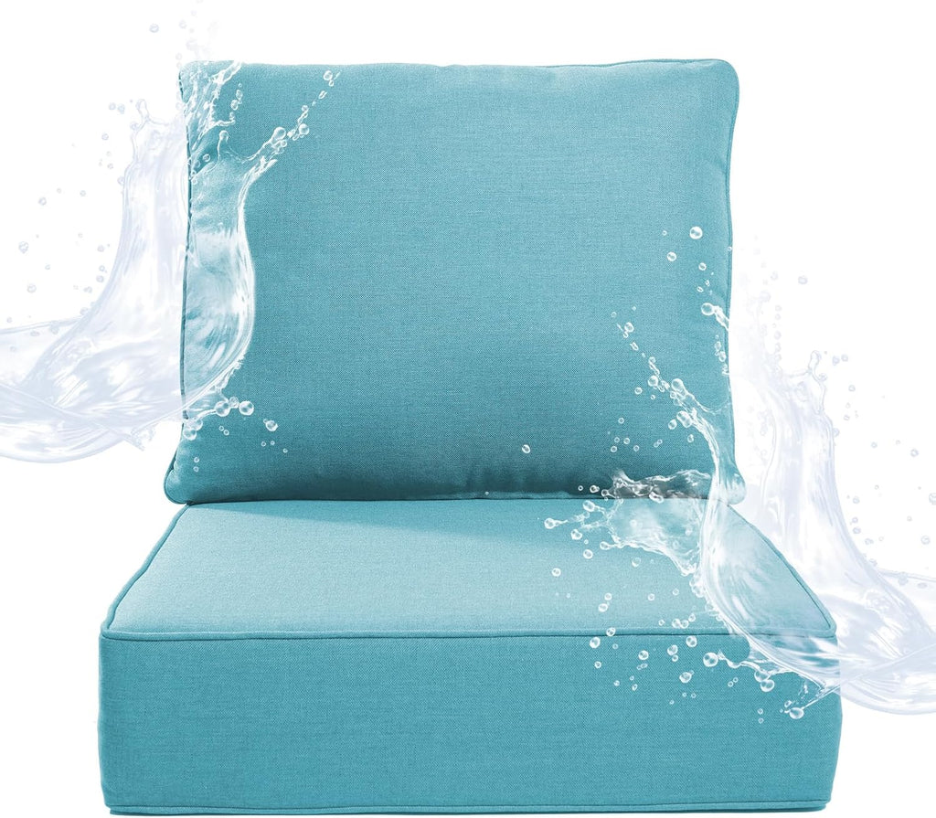 6 inches Thicker Outdoor Chair Cushion Set- 24" *24" *6" Waterproof Patio Furniture Cushions with Removable Cover, 28D High Density Sponge Filling Thicken Outdoor Patio Cushions - Turquoise