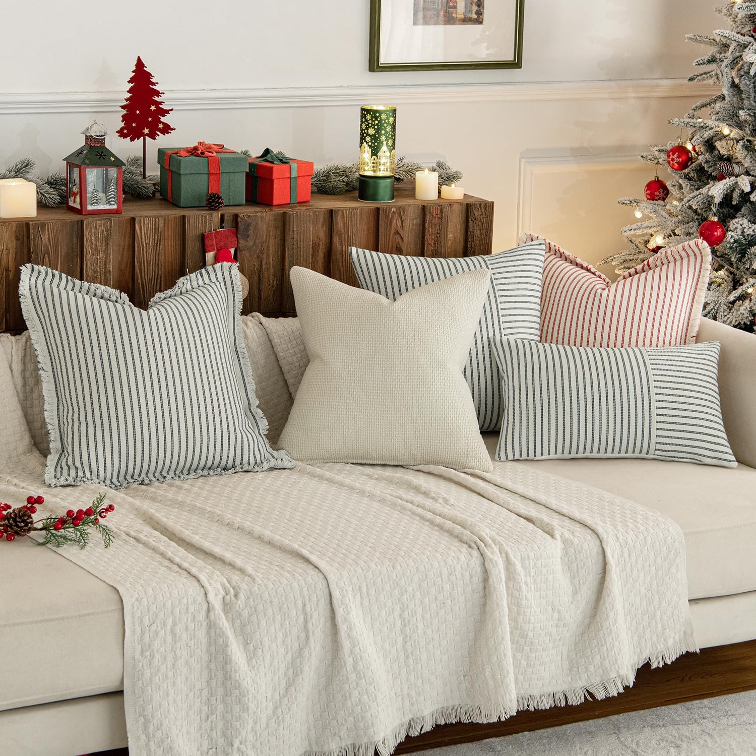 MIULEE Pack of 2 Christmas Red Pillow Covers 26x26 Inch Striped Farmhouse Couch Throw Pillow Covers with Fringe Chic Linen Decorative Cushion Eruo Sham for Sofa Living Room Bed Outdoor Home Decor