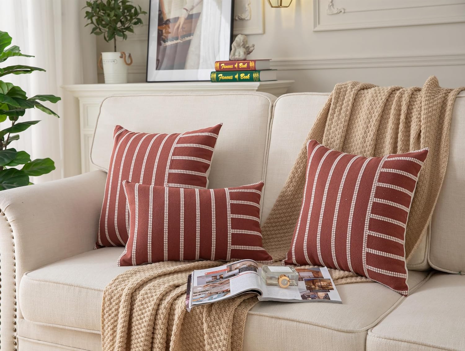 Caflife Boho Fall Throw Pillow Covers 12x20 Set of 2 Soft Farmhouse Decorative Couch Pillow Cases Rust Striped Pillow Covers Neutral Cushion Covers for Sofa Bed Living Room Home Decor