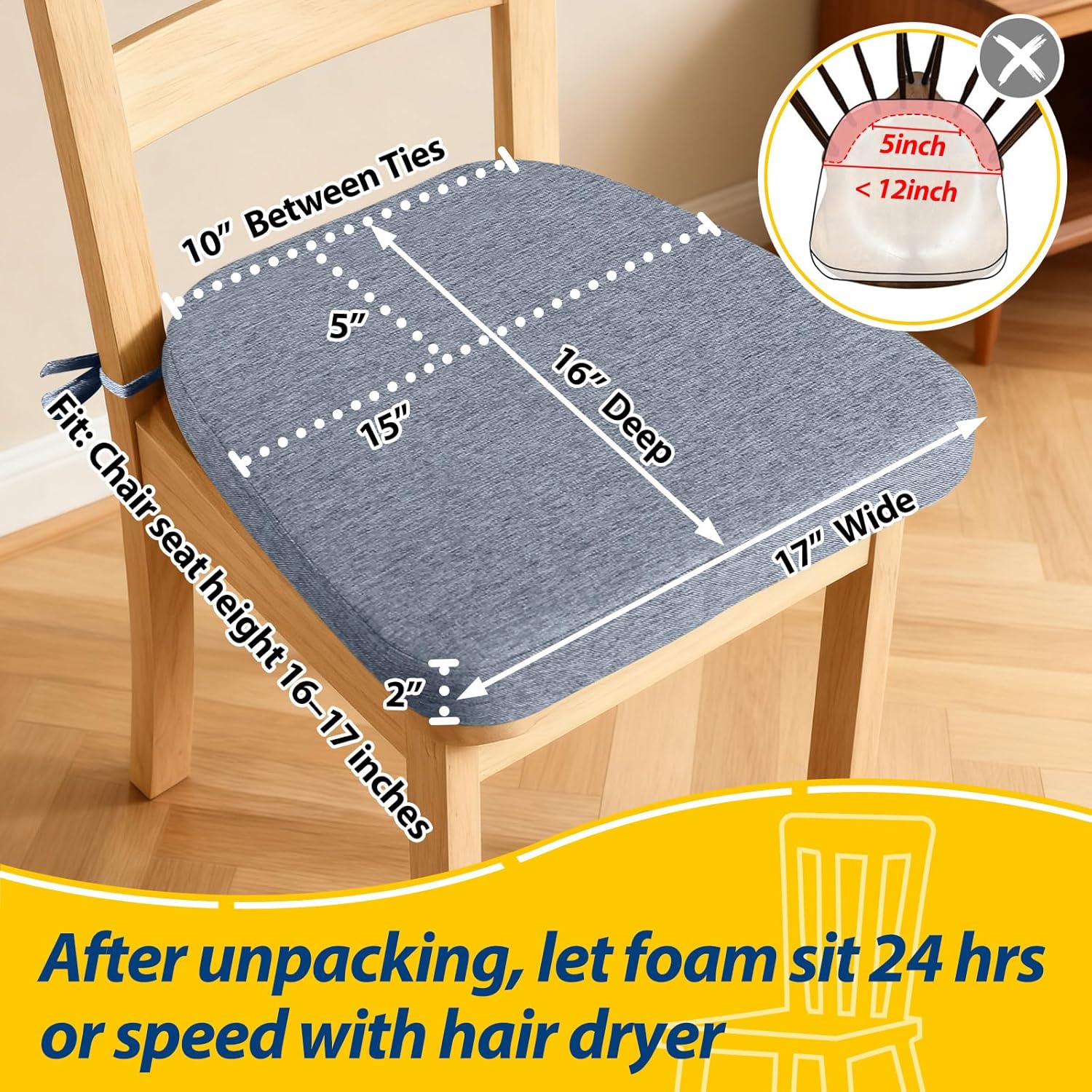 AAAAAcessories D-Shaped Chair Cushions, 2" Thick Dining Chair Pads with Ties and Removable, Machine-Washable Cover, 17" x 16", Set of 6, Light Blue