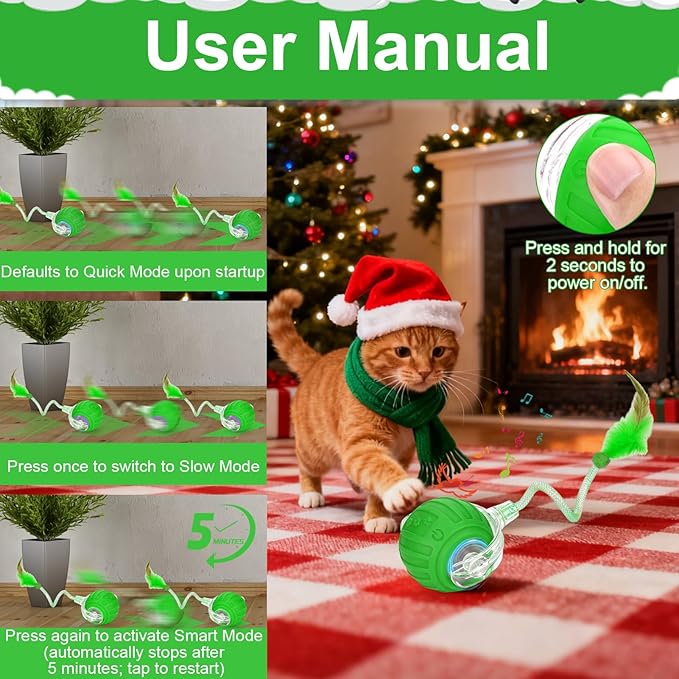 BABORUI Interactive Cat Toy Ball - Automatic Christmas Cat Toys for Indoor Cats with 5 Tails, 2 Speeds Rechargeable Cat Enrichment Toys for Small/Medium/Large Cats to Keep Them Busy