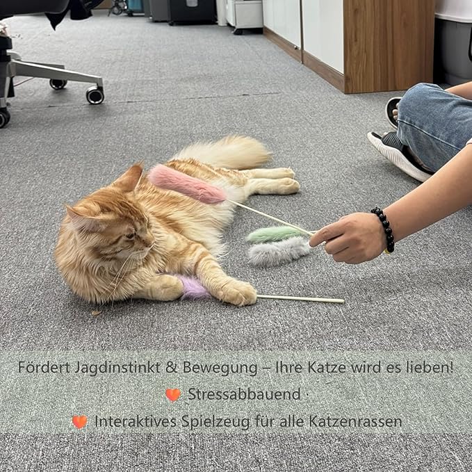 Rabbit Fur Cat Toys – 5PCS Interactive Cat Wand Toys for Indoor Cats, Soft Teaser Sticks for Play & Exercise, Natural Fur Cat's Teaser Set, 15" Long