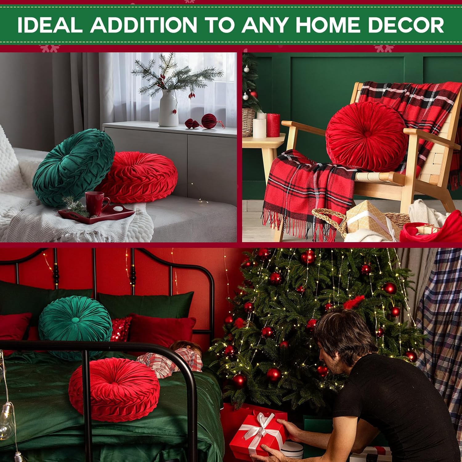 2 Pcs Round Throw Pillows 15 Inch Decorative Velvet Pleated Pumpkin Floor Boho Pillows for Living Room Couch Chair Bed Sofa (Red and Green)