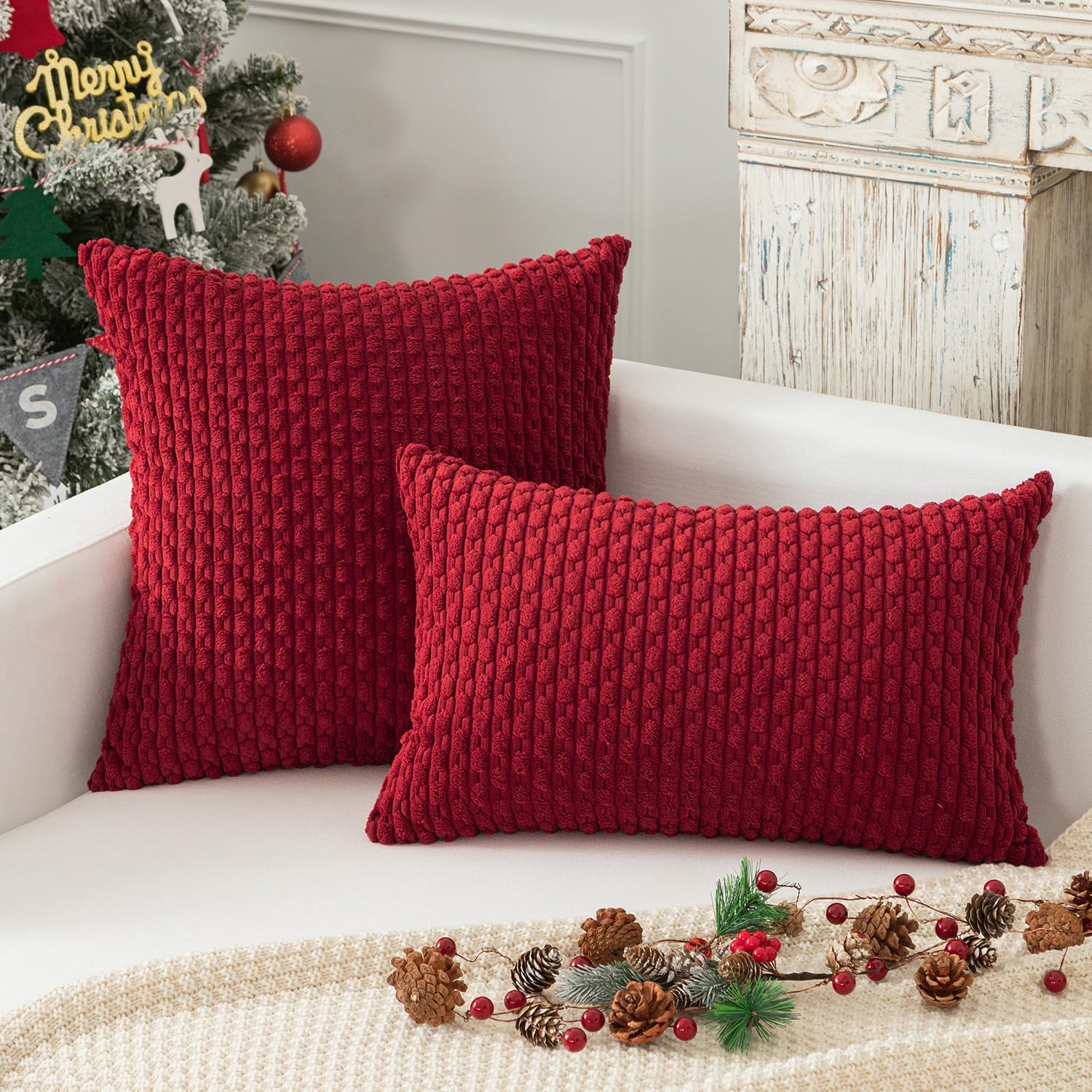 Kevin Textile 12x24 Inch Pillow Cover 1 Pack Boho Christmas Decorative Soft Striped Corduroy Lumbar Farmhouse Color Accent Rectangle Cushion Case for Living Room Couch Sofa Bed, Burgundy