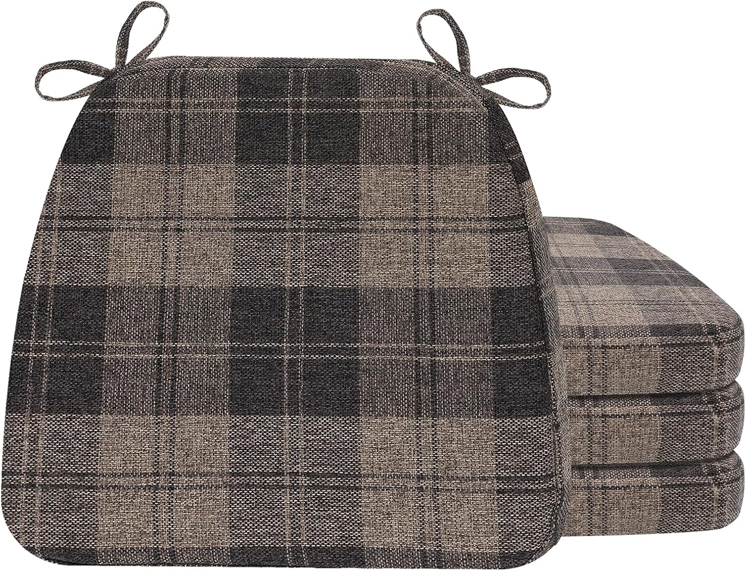 AAAAAcessories D-Shaped Chair Cushions, 2" Thick Dining Chair Pads with Ties and Removable, Machine-Washable Cover, 17" x 16", Set of 4, Brown Checkered