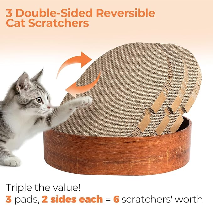 3 Pcs Cat Scratching Board with Box, 2 in 1 Cardboard Cat Scratchers Bed for Indoor Cats, Round Scratch Bowl with Thicker Double-Sided Pad for Cats' Scratch Need